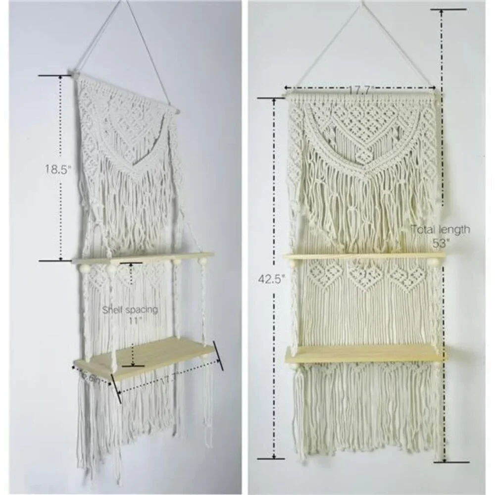 Macrame Wall Hanging Shelf 2 Tier Boho Floating Shelf Organizer for Plants